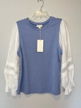 SHOL Women’s Mixed Media Blue Knit, white woven Puff Long Sleeves Blouse Size XL